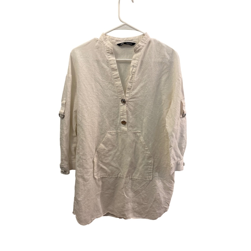 Zara Womens Off White Linen Tunic Top Roll Tab Sleeve Kangaroo Pocket Size S